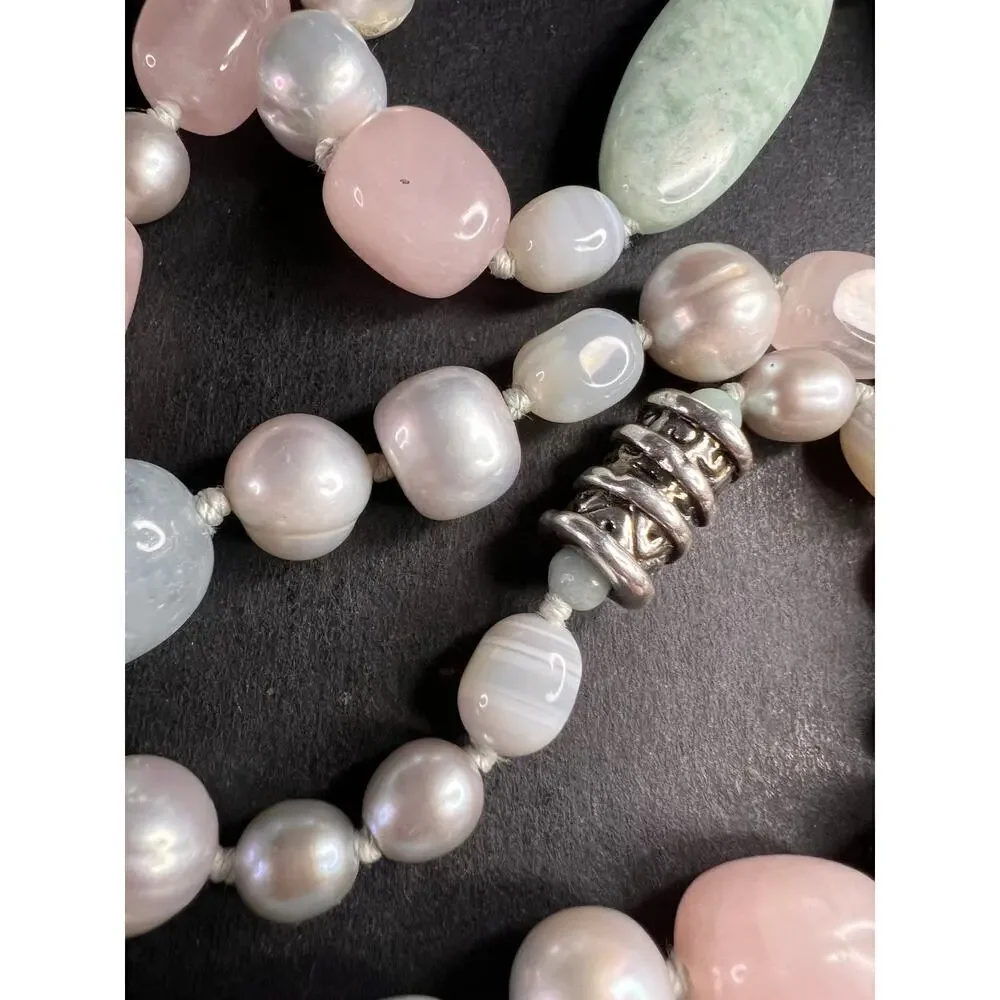 NEW dead stock amazonite , pearl multi stone sterling silver 30 inch necklace